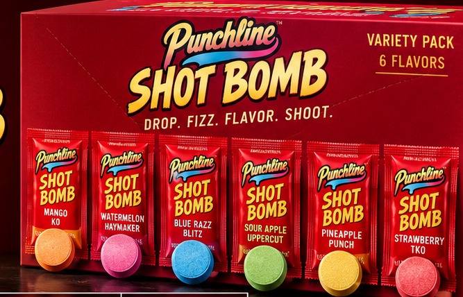 Punchline Shot Bomb variety pack with six individually wrapped flavor sachets